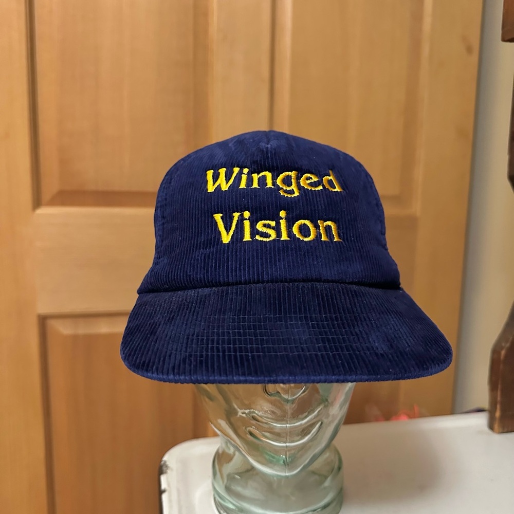 Vintage Winged Vision Corduroy Snapback Cap Navy Gold Retro Old School Nova